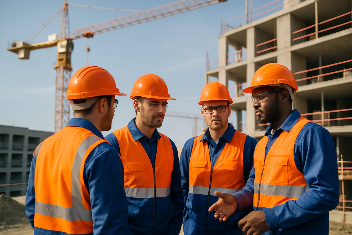 Chantier BTP avec ouvriers et grue
