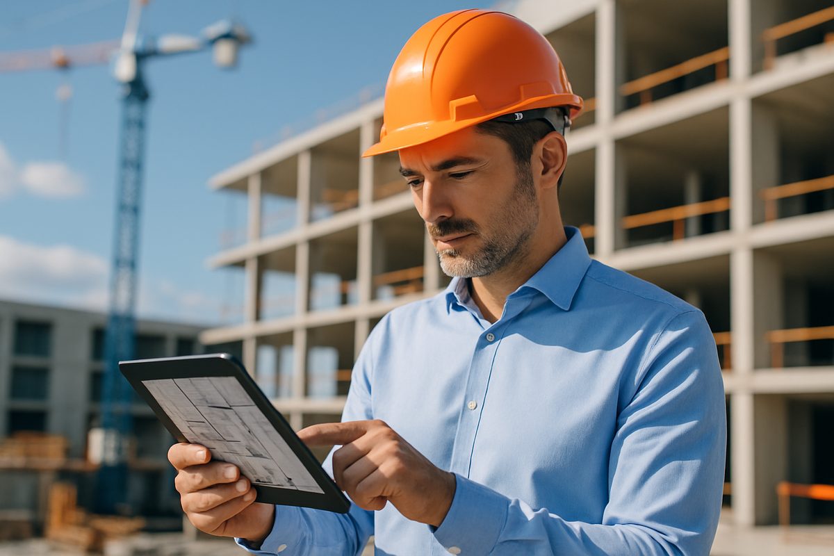 Chef d'entreprise BTP avec casque consultant les plans sur tablette